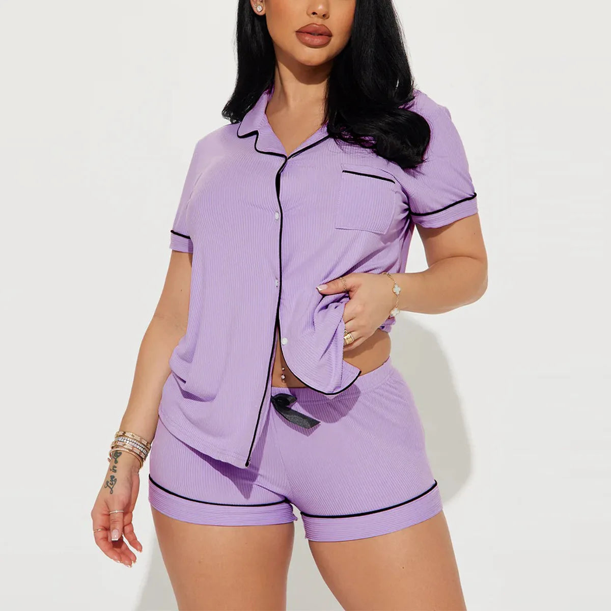 Solid Women's Pajamas Set Turn Down Collar Top & Shorts 2 Pieces Sleepwear Elastic Nightwear Homewear Cloth for Summer