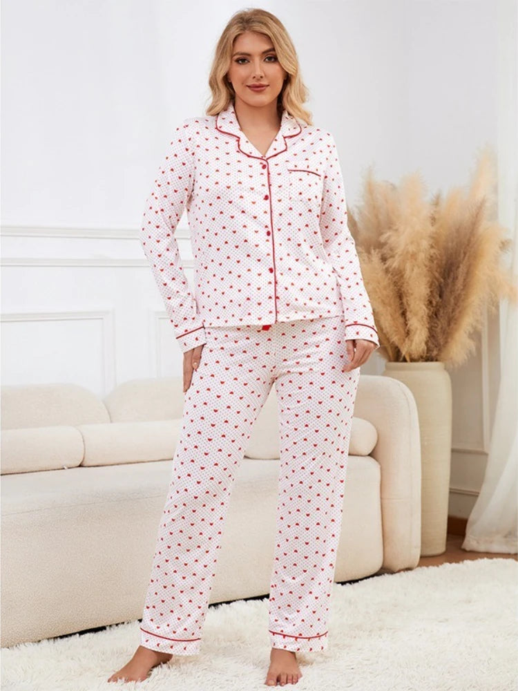 Heart Print Women Pajama Set Long Sleeves Turn Down Collar Button Top & Full-Length Pants 2 Pieces Female Sleepwear Nightwear