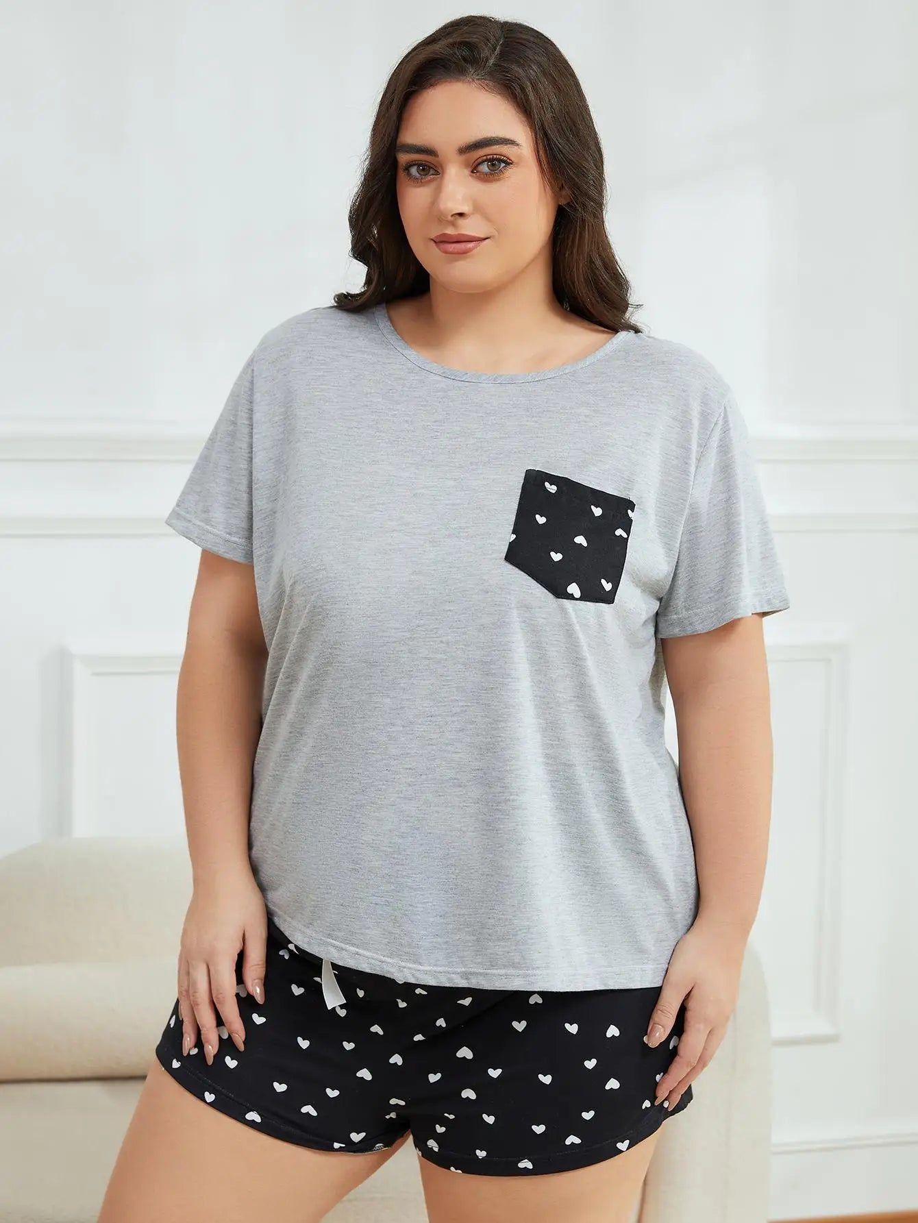 Plus Size Women's Pajamas Set Heart Print Short Sleeves Screw Top & Shorts Female 2 Pieces Sleepwear Nightwear Homewear Cloth