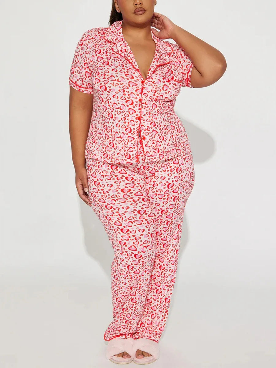 Heart Print Women Pajama Set Short Sleeves Turn Down Collar Top & Full-Length Pants 2 Pieces Female Sleepwear Nightwear