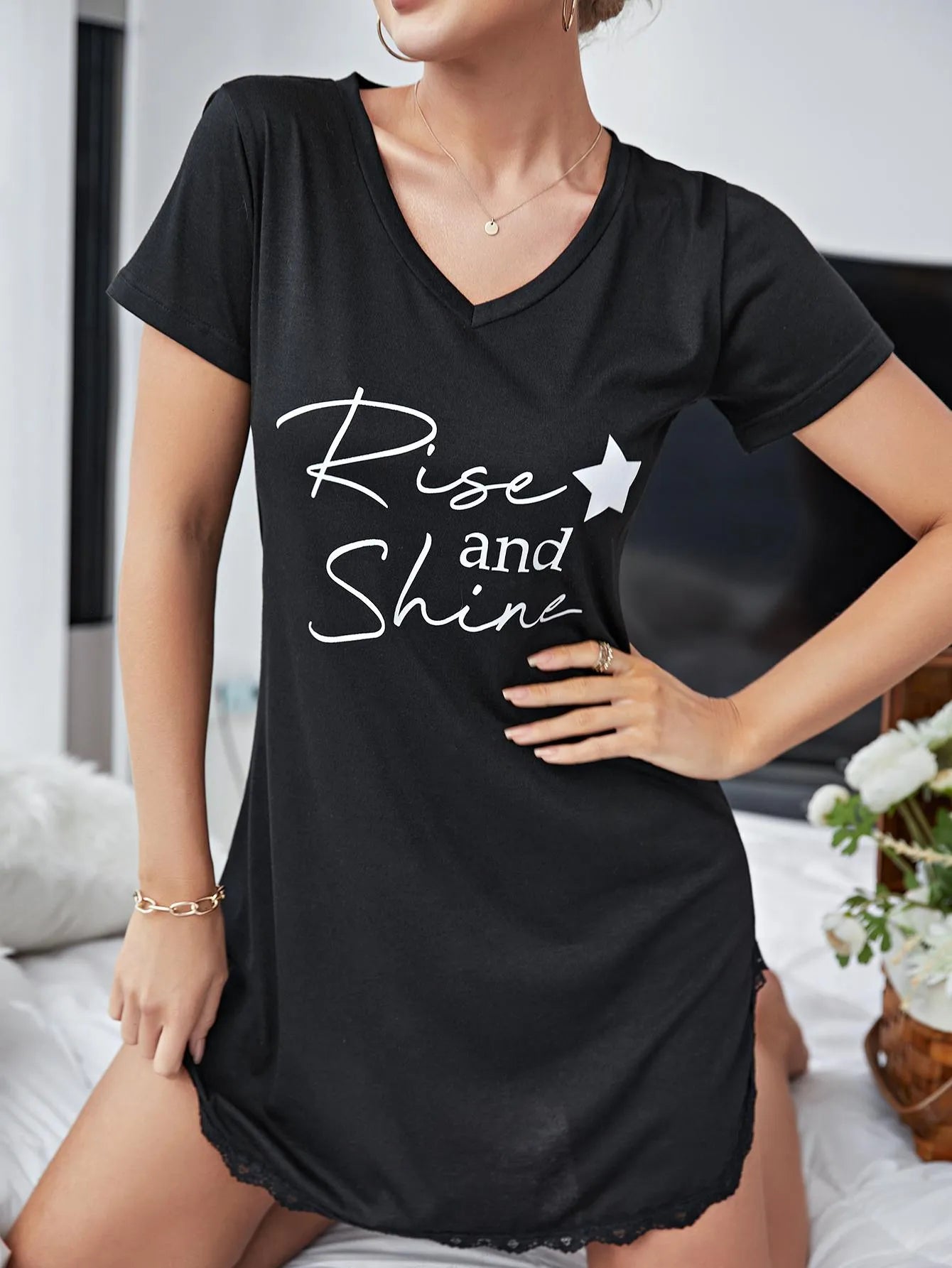 Summer Sexy Sleepwear Women Lace Hem Nightdress V-neck Short Sleeve Pajamas Nighties Nightgown Nightwear Side Split Skirt Black, XL