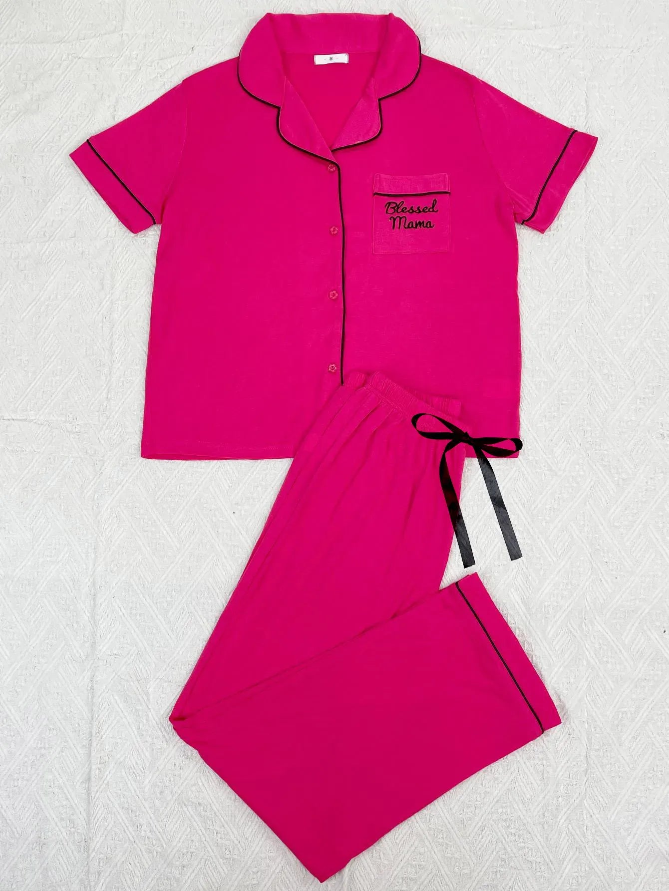 Solid Women Pajama Sets Short Sleeves Front Button Top & Full-Length Pants 2 Piece Letter Print Female Sleepwear Nightwear