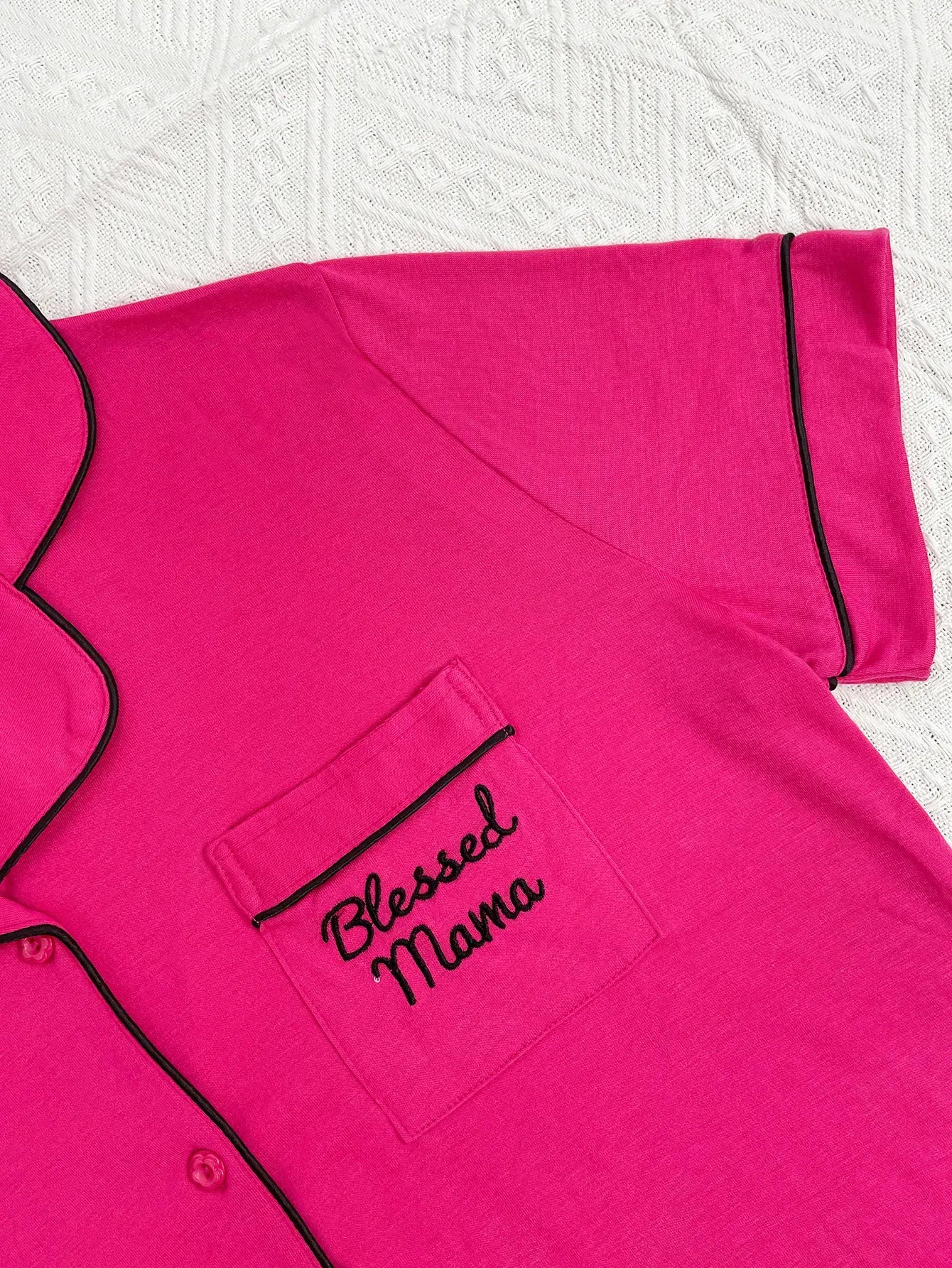 Solid Women Pajama Sets Short Sleeves Front Button Top & Full-Length Pants 2 Piece Letter Print Female Sleepwear Nightwear