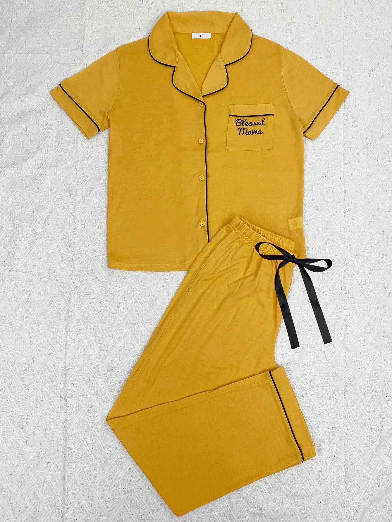 Solid Women Pajama Sets Short Sleeves Front Button Top & Full-Length Pants 2 Piece Letter Print Female Sleepwear Nightwear