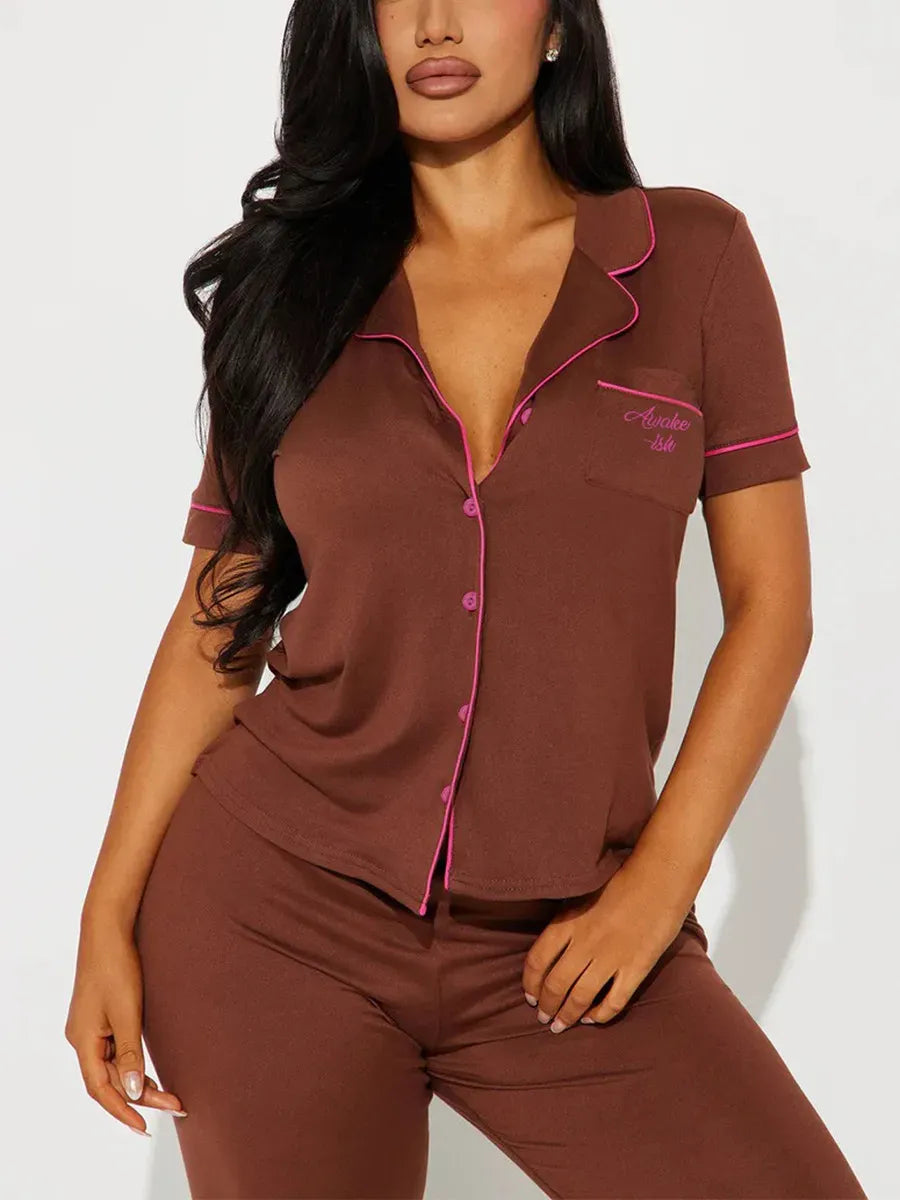 Solid Women Pajama Sets Short Sleeves Front Button Top & Full-Length Pants 2 Piece Letter Print Female Sleepwear Nightwear