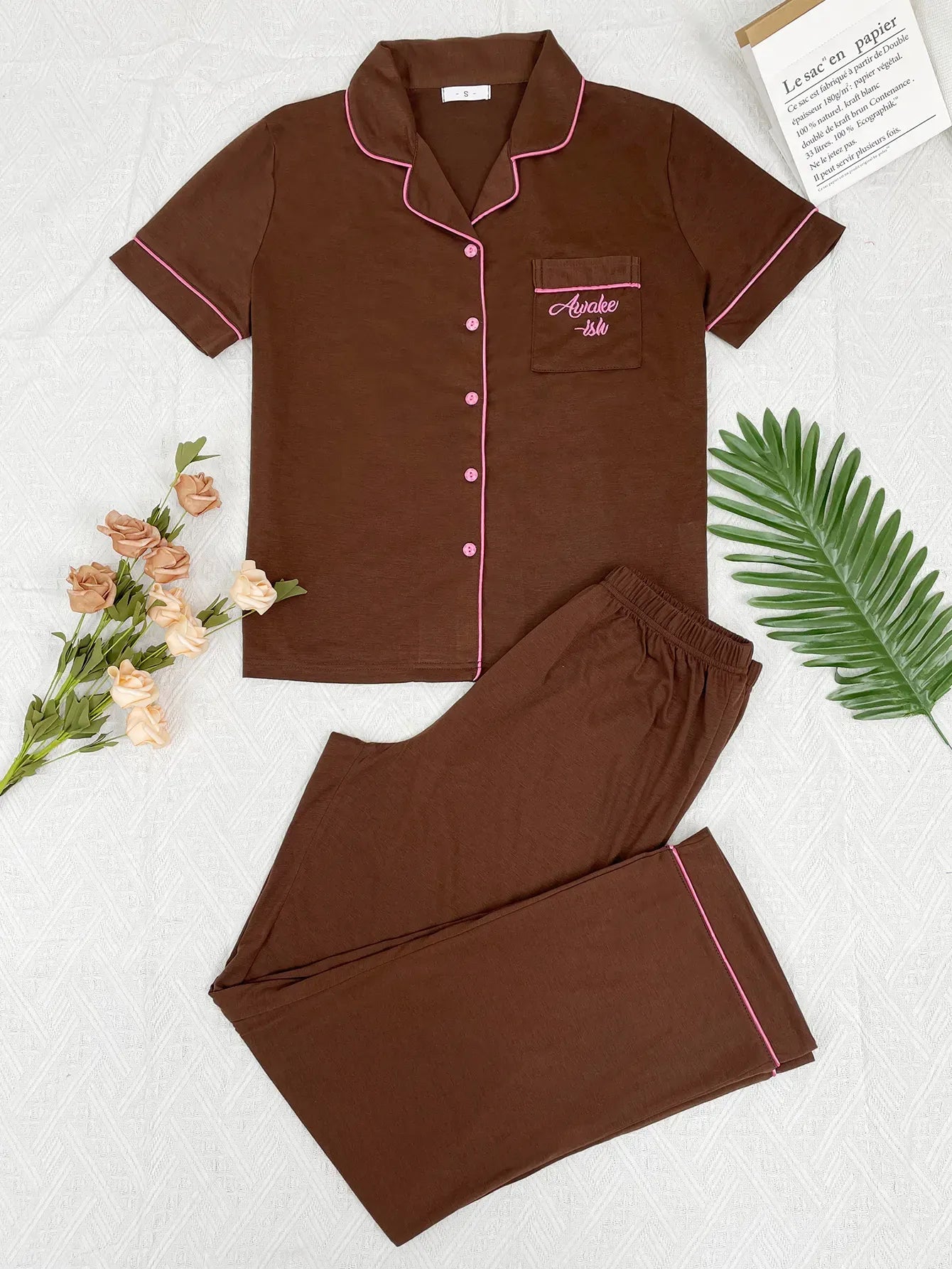 Solid Women Pajama Sets Short Sleeves Front Button Top & Full-Length Pants 2 Piece Letter Print Female Sleepwear Nightwear