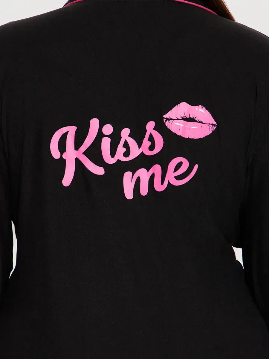 Kiss Me Print Women Pajama Set Long Sleeves Turn Down Collar Top & Full-Length Pants 2 Pieces Female Sleepwear Nightwear