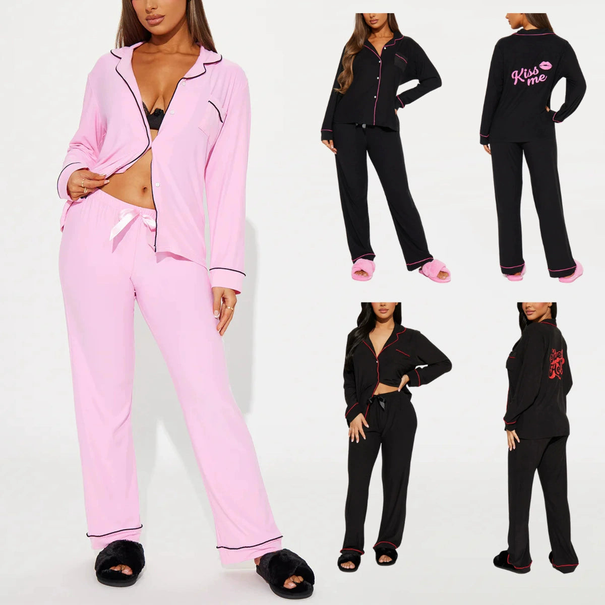 Kiss Me Print Women Pajama Set Long Sleeves Turn Down Collar Top & Full-Length Pants 2 Pieces Female Sleepwear Nightwear