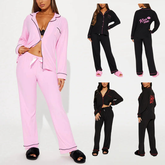 Kiss Me Print Women Pajama Set Long Sleeves Turn Down Collar Top & Full-Length Pants 2 Pieces Female Sleepwear Nightwear