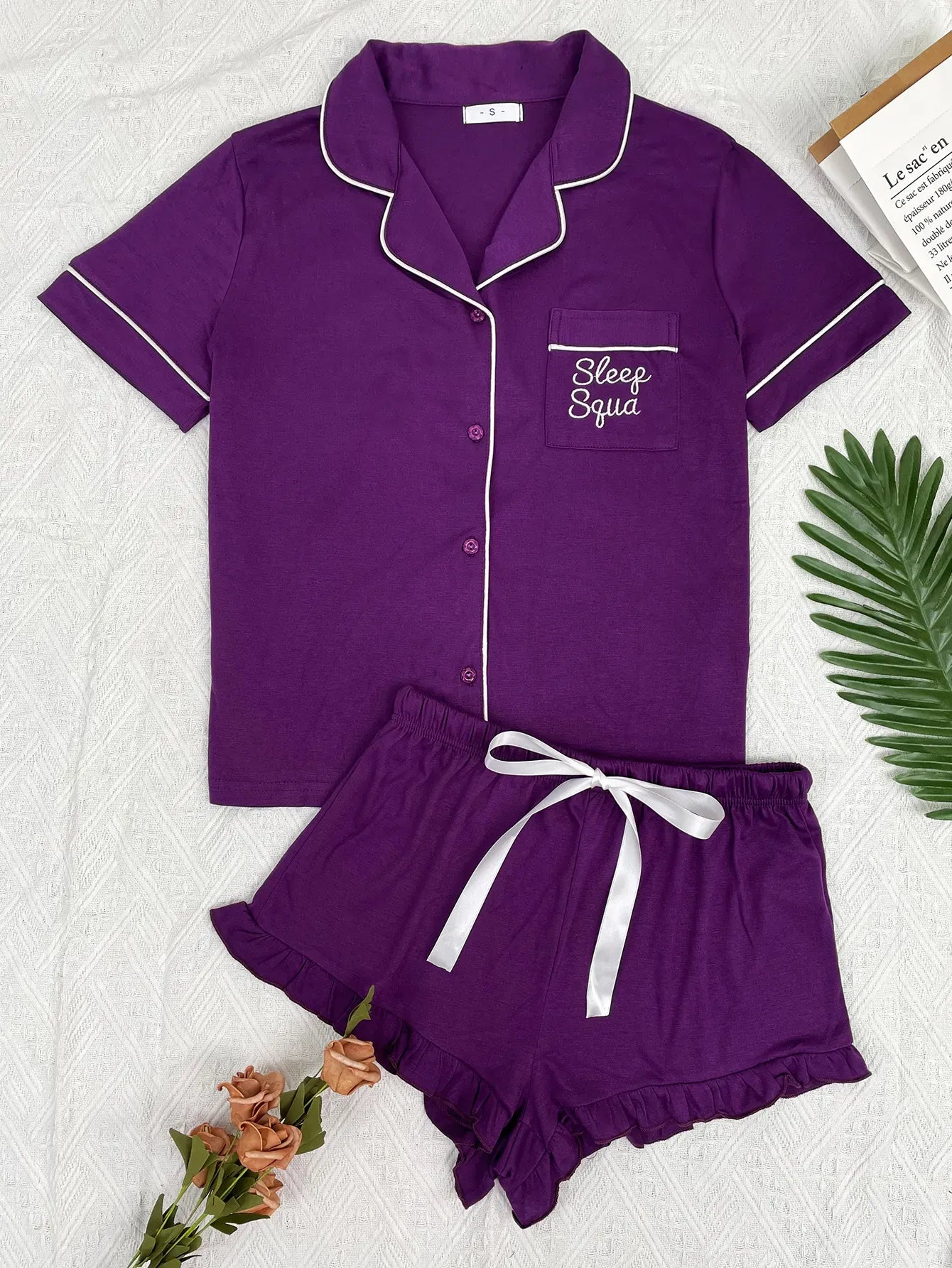 Summer Women's Pajamas Sets Short Sleeve Notched Collar Front Button Top & Elastic Waist Ruffle Shorts Loungewear Sleepwear