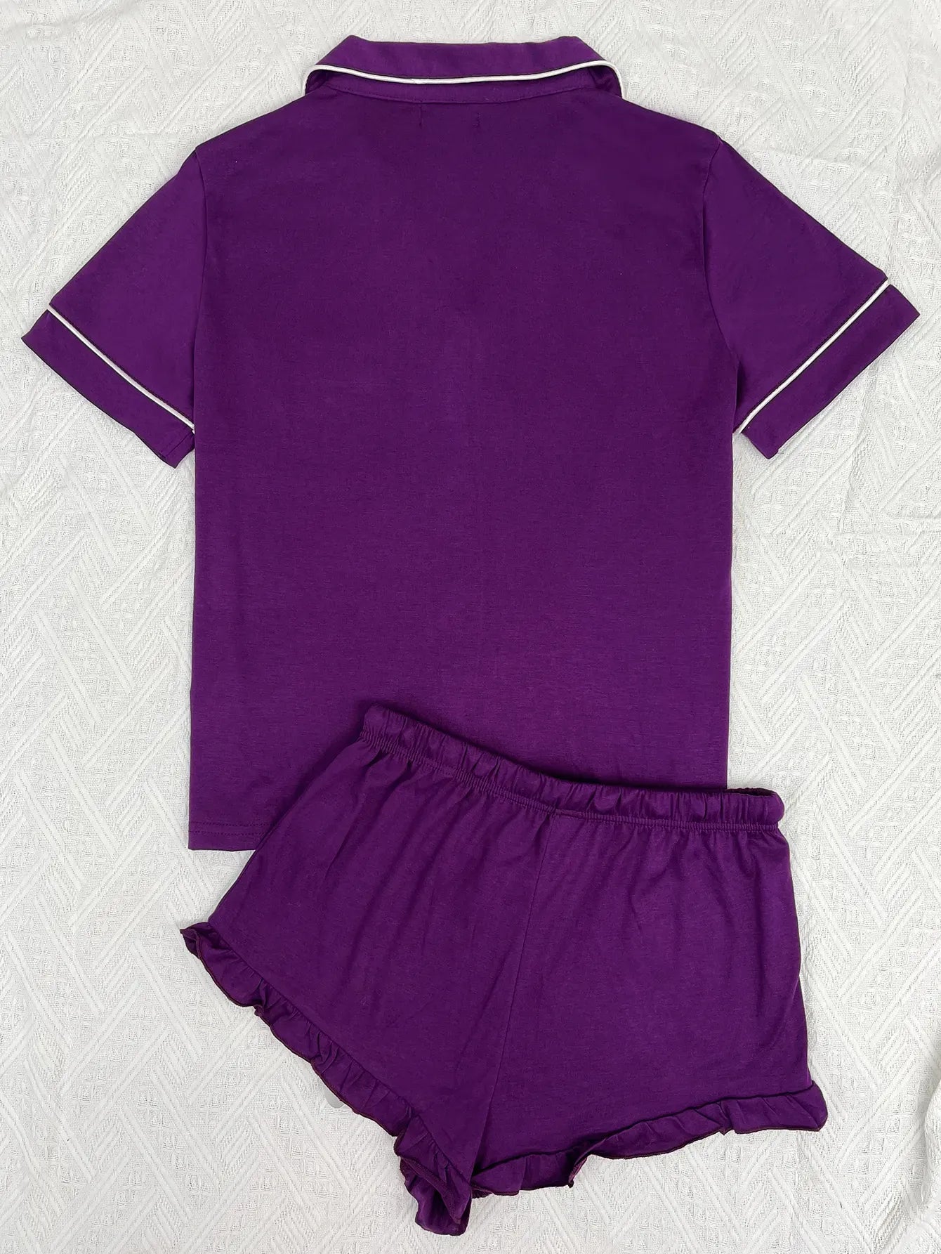 Summer Women's Pajamas Sets Short Sleeve Notched Collar Front Button Top & Elastic Waist Ruffle Shorts Loungewear Sleepwear