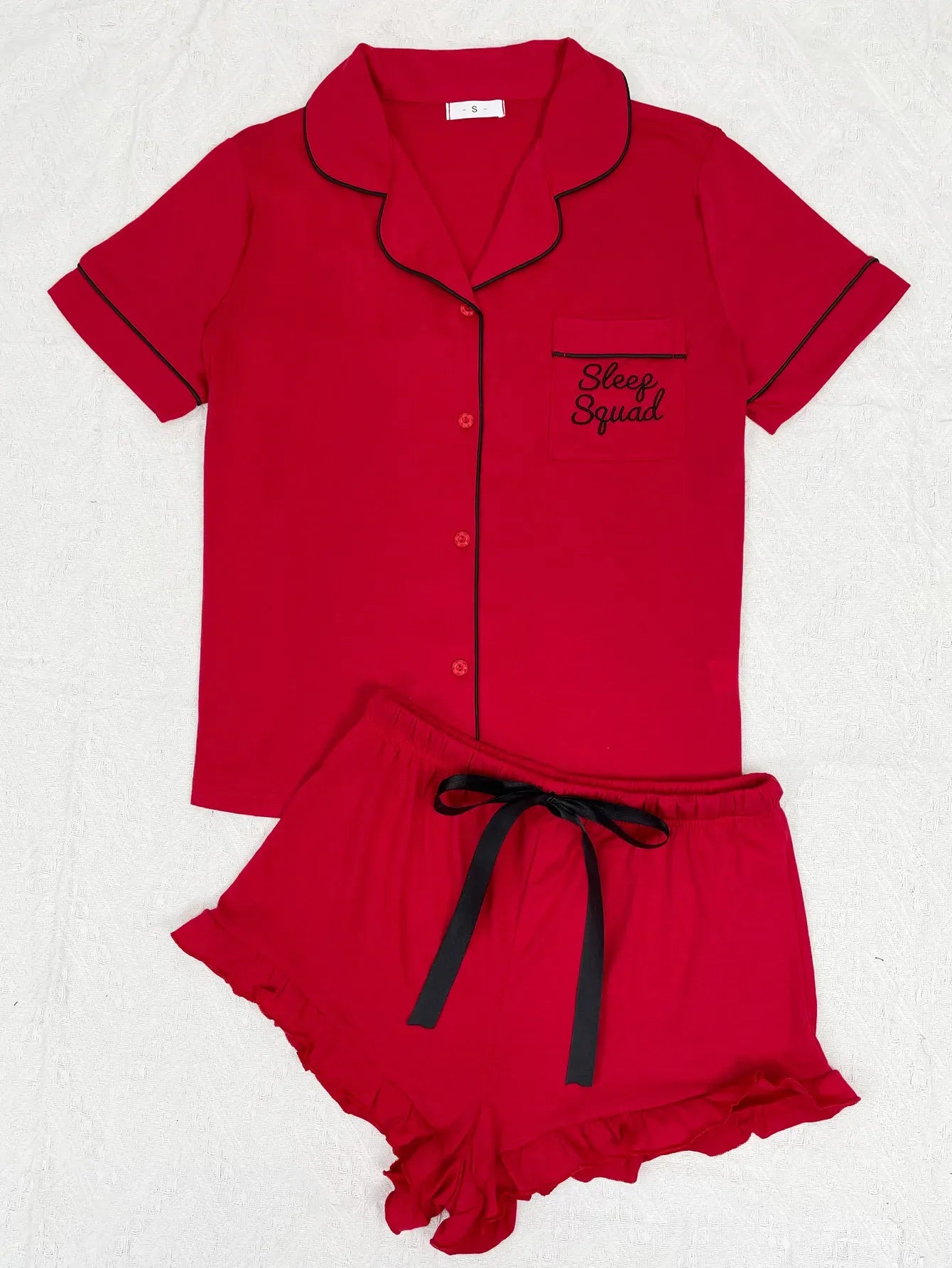 Summer Women's Pajamas Sets Short Sleeve Notched Collar Front Button Top & Elastic Waist Ruffle Shorts Loungewear Sleepwear