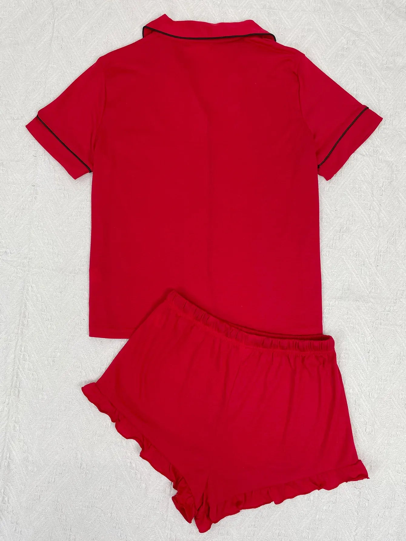 Summer Women's Pajamas Sets Short Sleeve Notched Collar Front Button Top & Elastic Waist Ruffle Shorts Loungewear Sleepwear