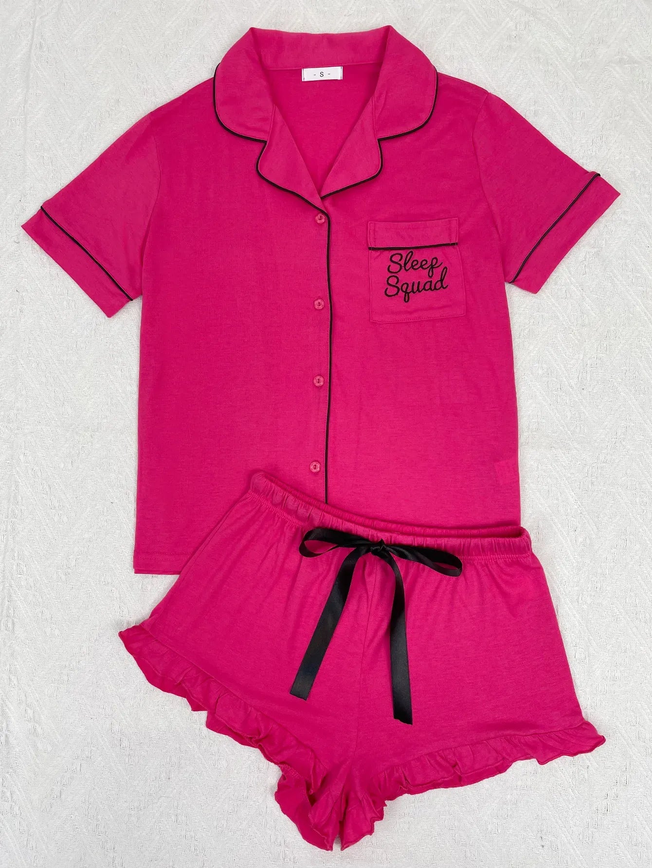 Summer Women's Pajamas Sets Short Sleeve Notched Collar Front Button Top & Elastic Waist Ruffle Shorts Loungewear Sleepwear