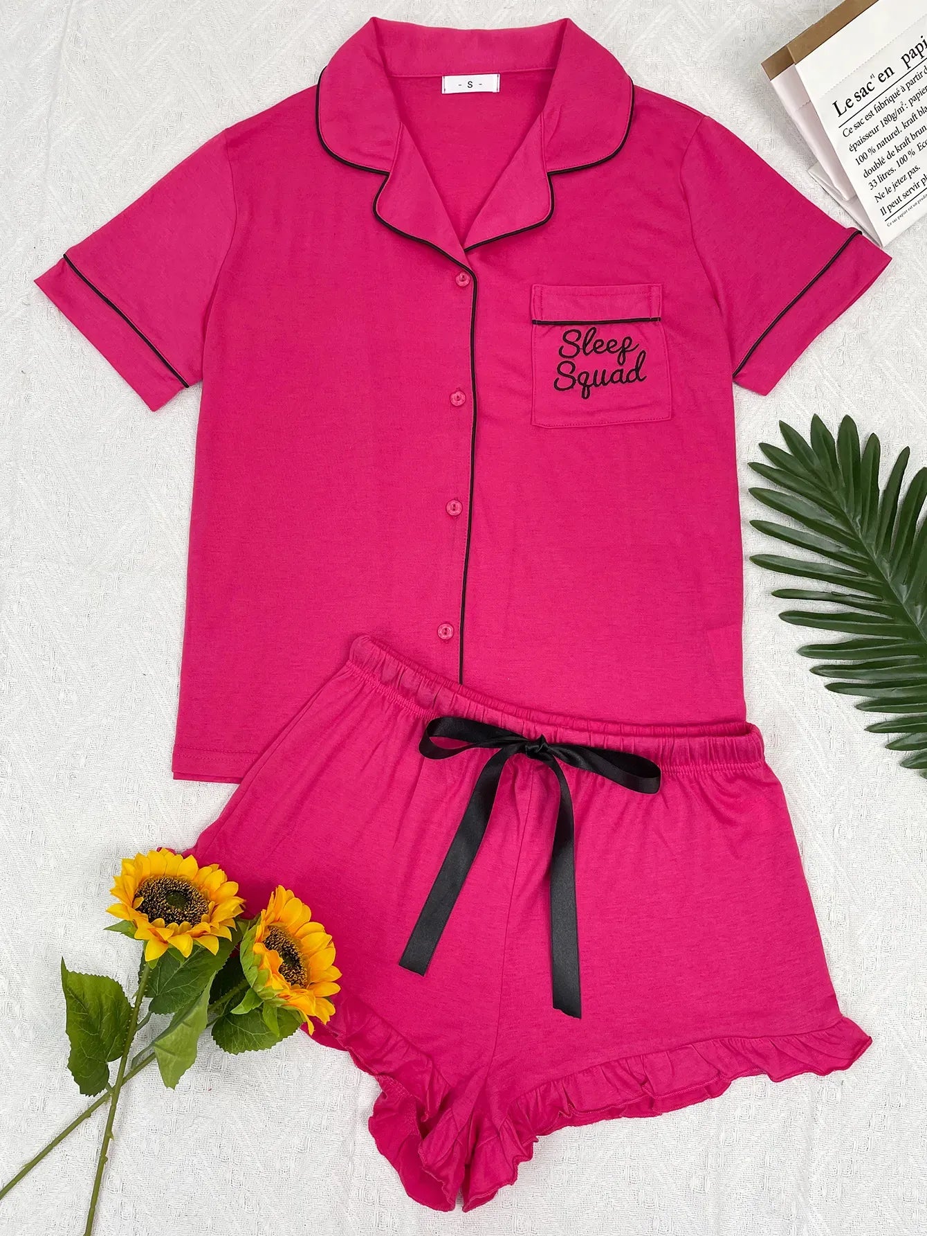 Summer Women's Pajamas Sets Short Sleeve Notched Collar Front Button Top & Elastic Waist Ruffle Shorts Loungewear Sleepwear