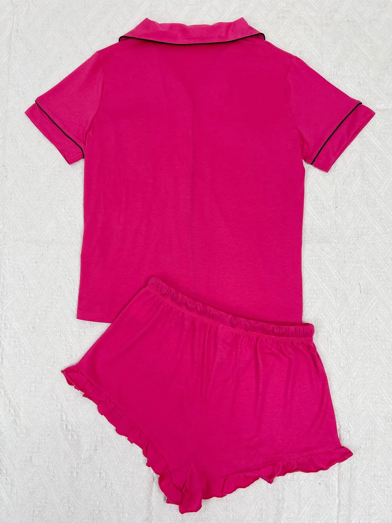 Summer Women's Pajamas Sets Short Sleeve Notched Collar Front Button Top & Elastic Waist Ruffle Shorts Loungewear Sleepwear