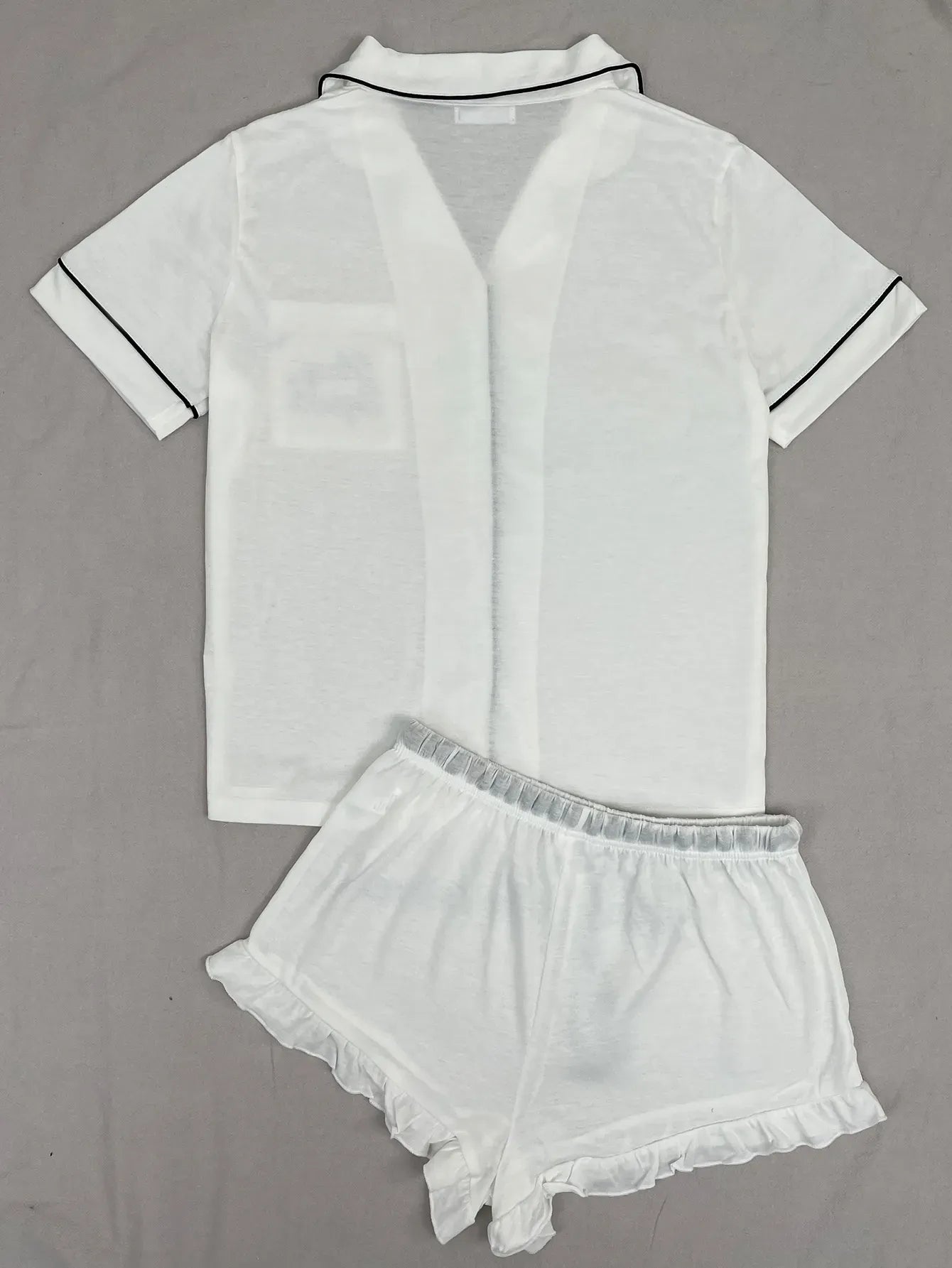 Summer Women's Pajamas Sets Short Sleeve Notched Collar Front Button Top & Elastic Waist Ruffle Shorts Loungewear Sleepwear