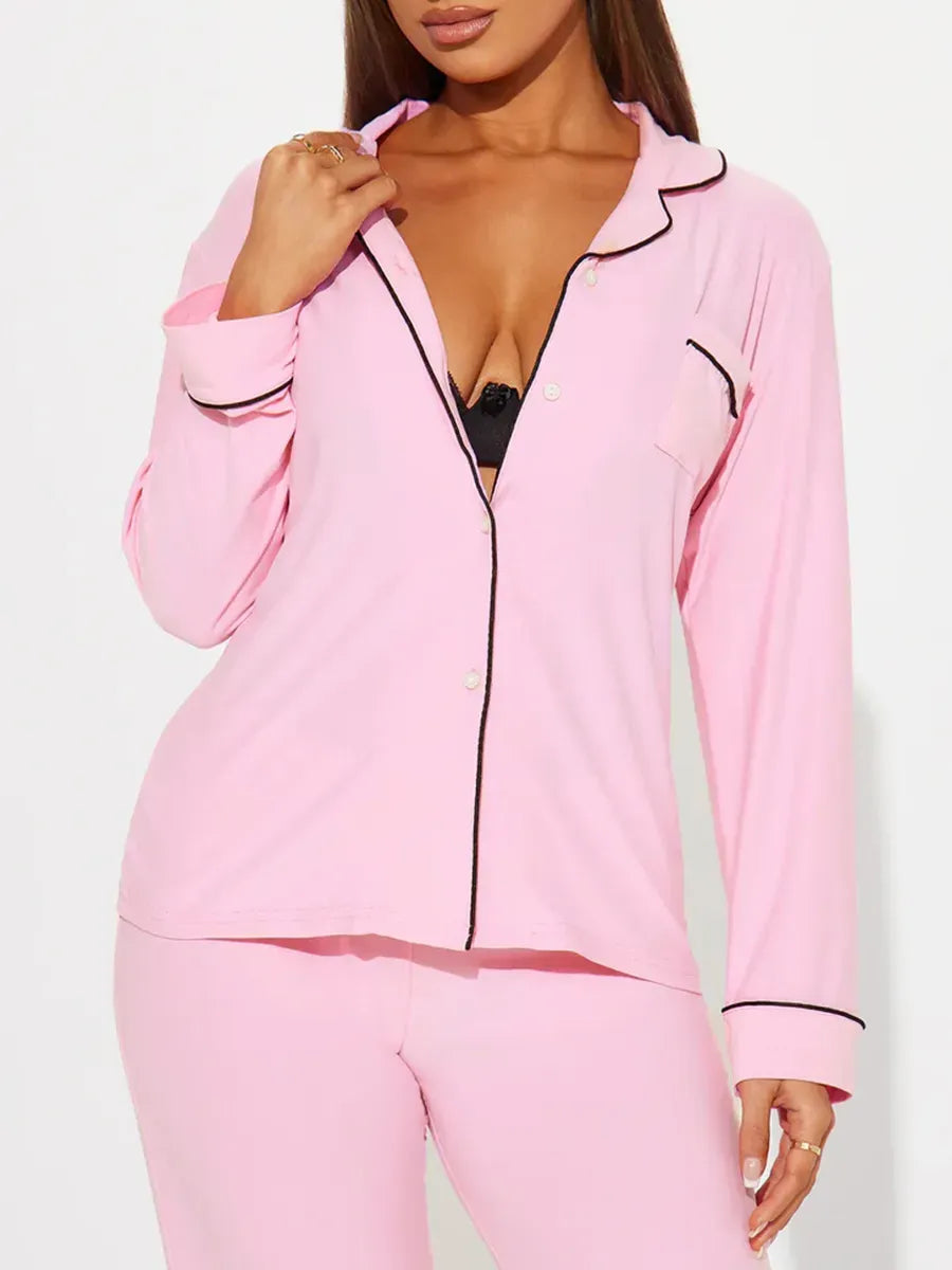 Kiss Me Print Women Pajama Set Long Sleeves Turn Down Collar Top & Full-Length Pants 2 Pieces Female Sleepwear Nightwear