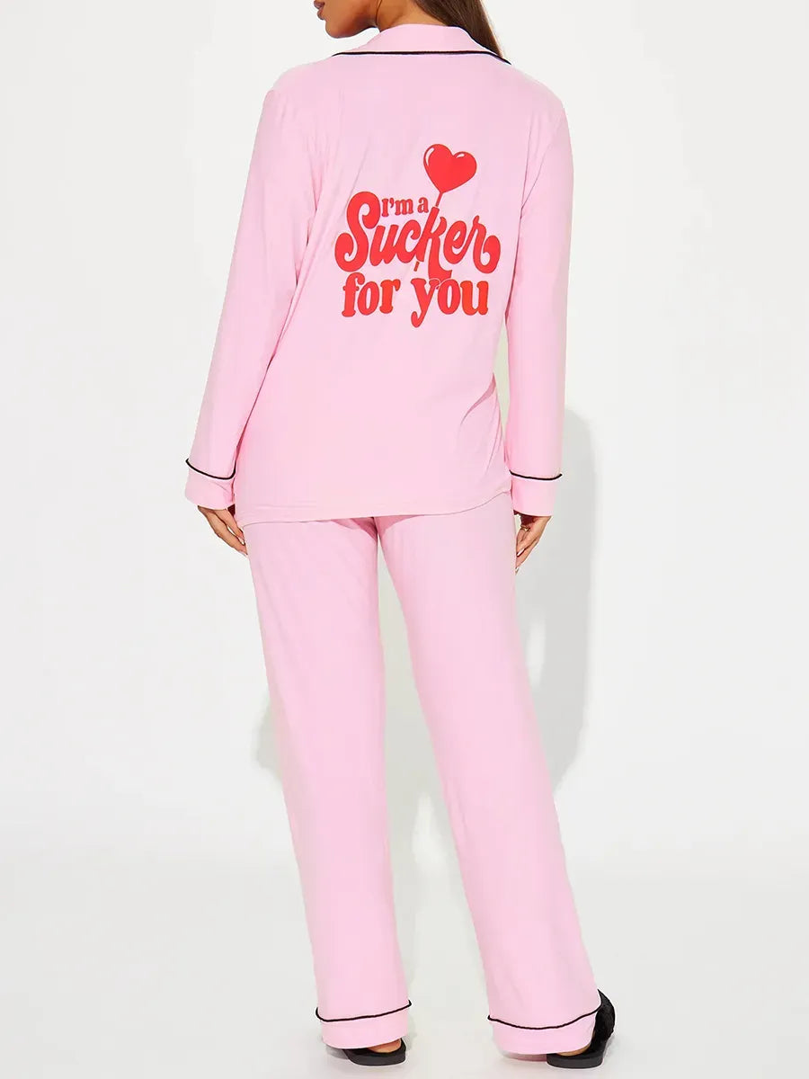 Kiss Me Print Women Pajama Set Long Sleeves Turn Down Collar Top & Full-Length Pants 2 Pieces Female Sleepwear Nightwear