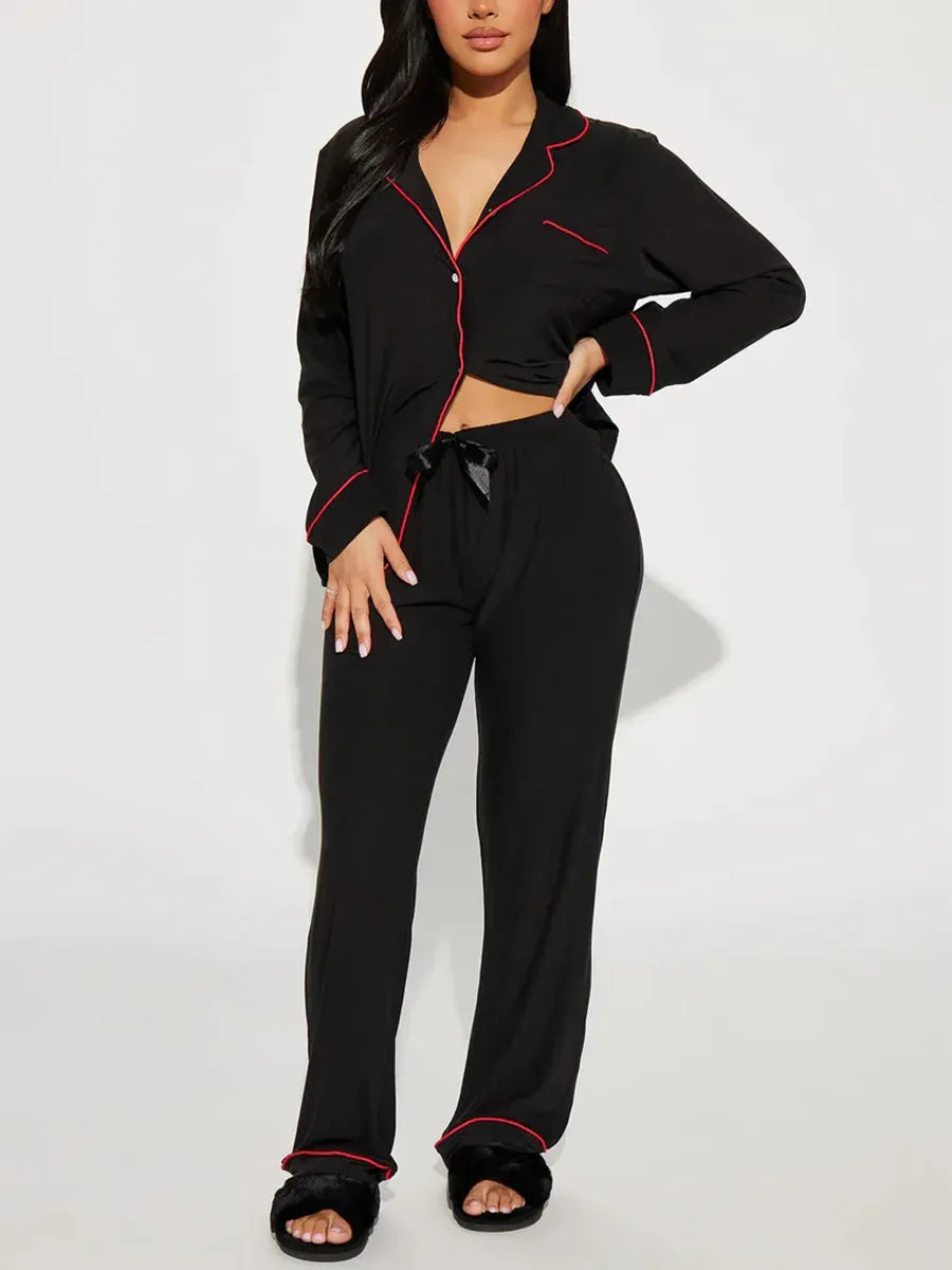 Kiss Me Print Women Pajama Set Long Sleeves Turn Down Collar Top & Full-Length Pants 2 Pieces Female Sleepwear Nightwear