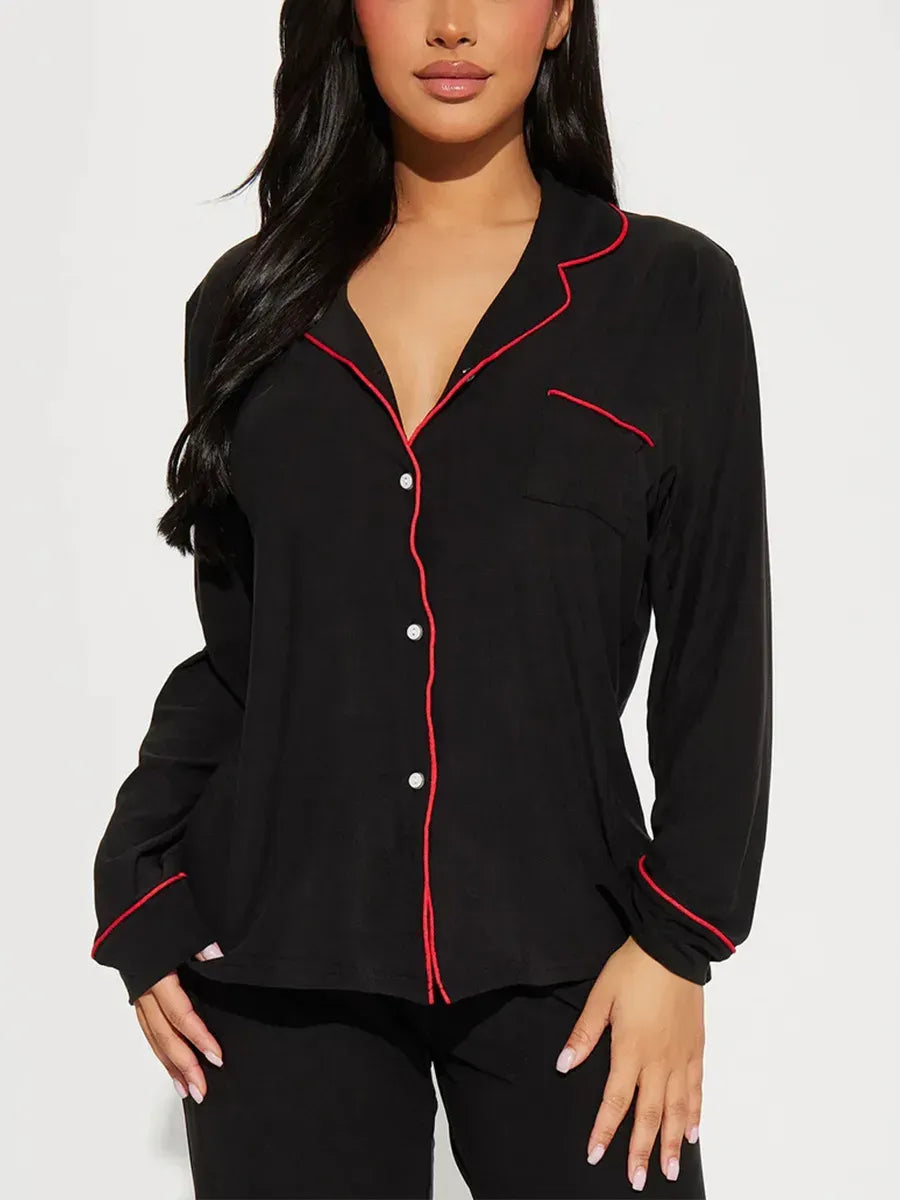 Kiss Me Print Women Pajama Set Long Sleeves Turn Down Collar Top & Full-Length Pants 2 Pieces Female Sleepwear Nightwear