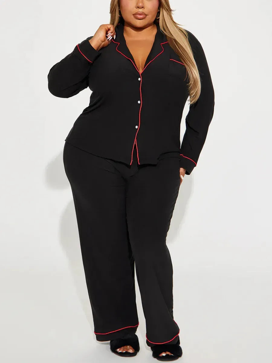 Kiss Me Print Women Pajama Set Long Sleeves Turn Down Collar Top & Full-Length Pants 2 Pieces Female Sleepwear Nightwear