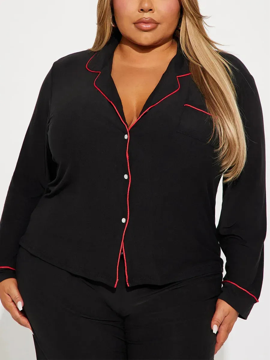 Kiss Me Print Women Pajama Set Long Sleeves Turn Down Collar Top & Full-Length Pants 2 Pieces Female Sleepwear Nightwear