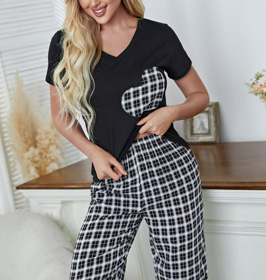 ebukurty Women's Pajamas Set 2 Piece V-Neck Short Sleeve Plaid Sleepwear, Sizes S-XL