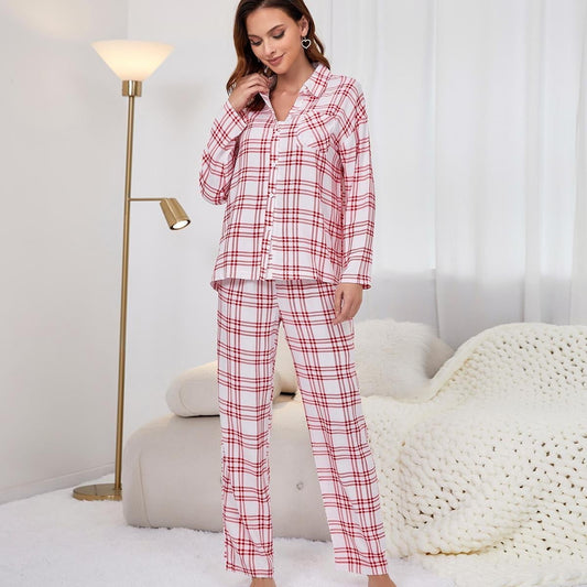 ebukurty Pajama Sets for Women 2 Piece V-neck Long Sleeve Plaid Sleepwear, Sizes S-XL