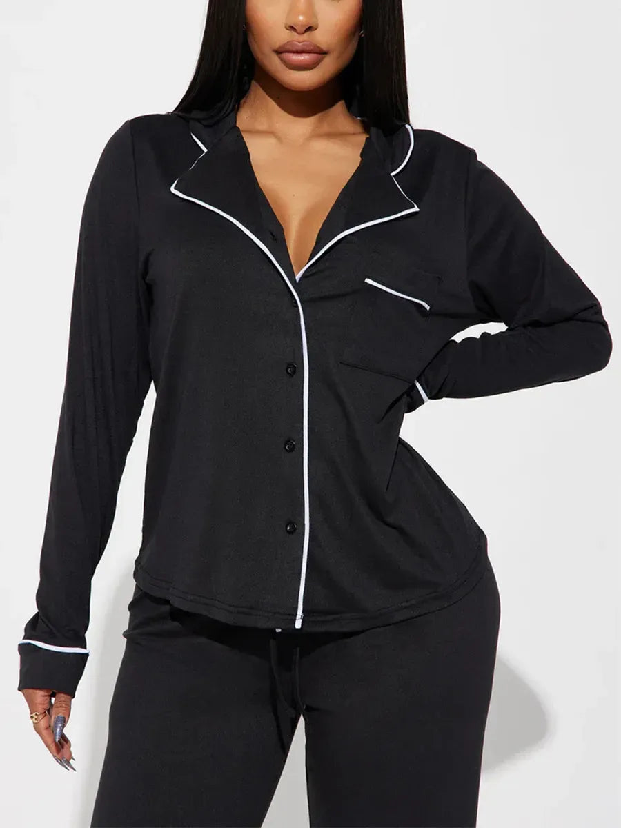 solid Women Pajama Sets Long Sleeves Front Button Top with chest pocket & Full-Length Pants 2 Piece Female Sleepwear Nightwear