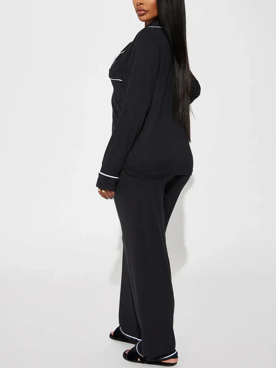 solid Women Pajama Sets Long Sleeves Front Button Top with chest pocket & Full-Length Pants 2 Piece Female Sleepwear Nightwear