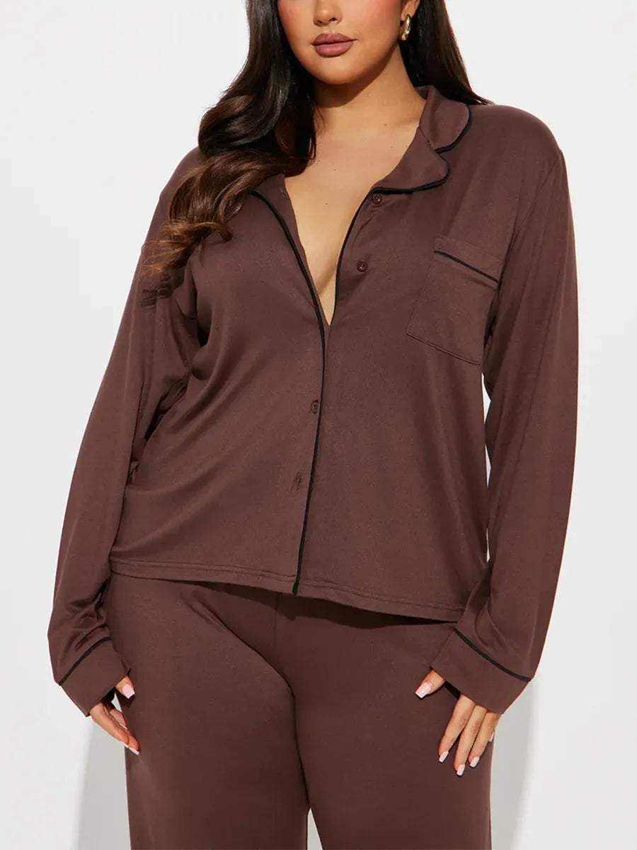 solid Women Pajama Sets Long Sleeves Front Button Top with chest pocket & Full-Length Pants 2 Piece Female Sleepwear Nightwear