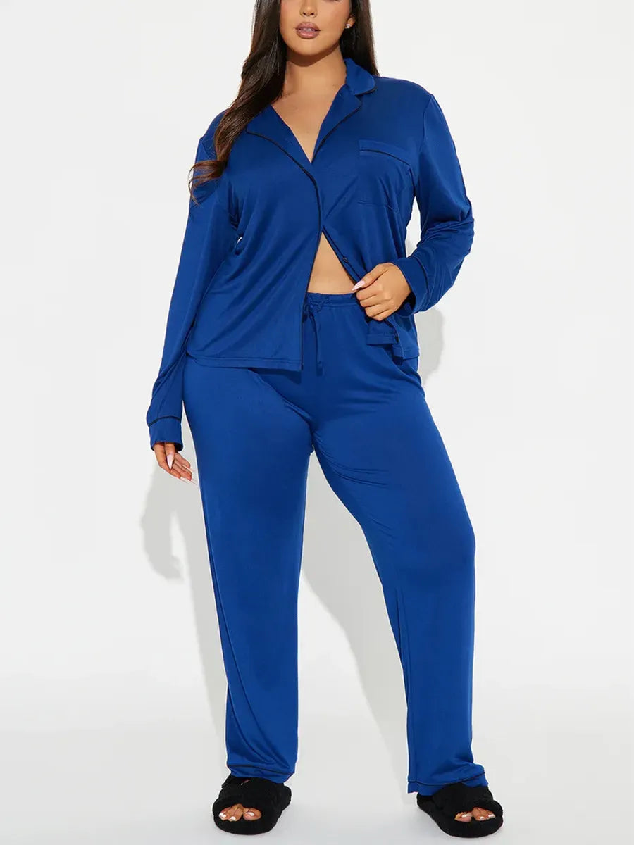 solid Women Pajama Sets Long Sleeves Front Button Top with chest pocket & Full-Length Pants 2 Piece Female Sleepwear Nightwear