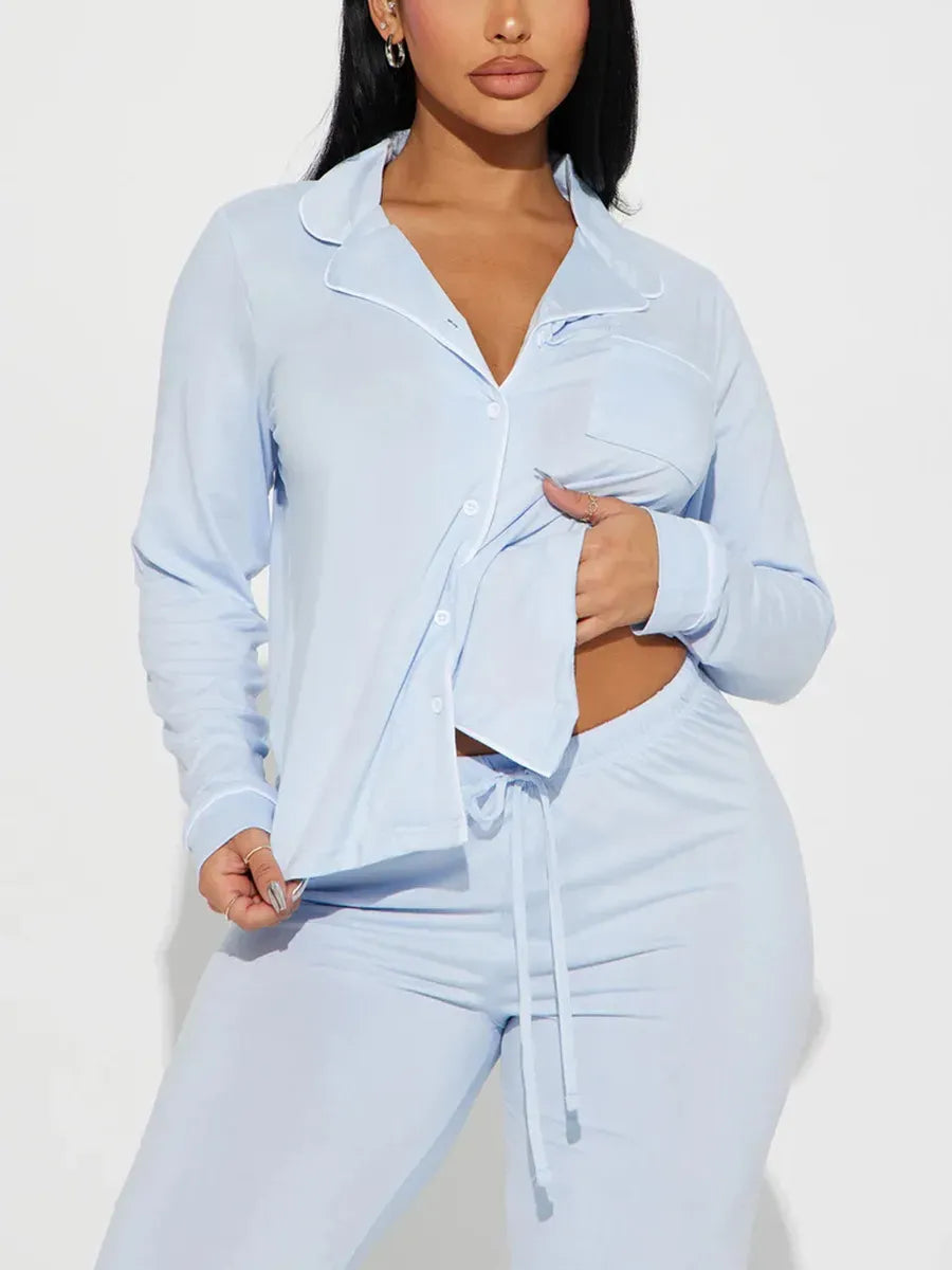 solid Women Pajama Sets Long Sleeves Front Button Top with chest pocket & Full-Length Pants 2 Piece Female Sleepwear Nightwear