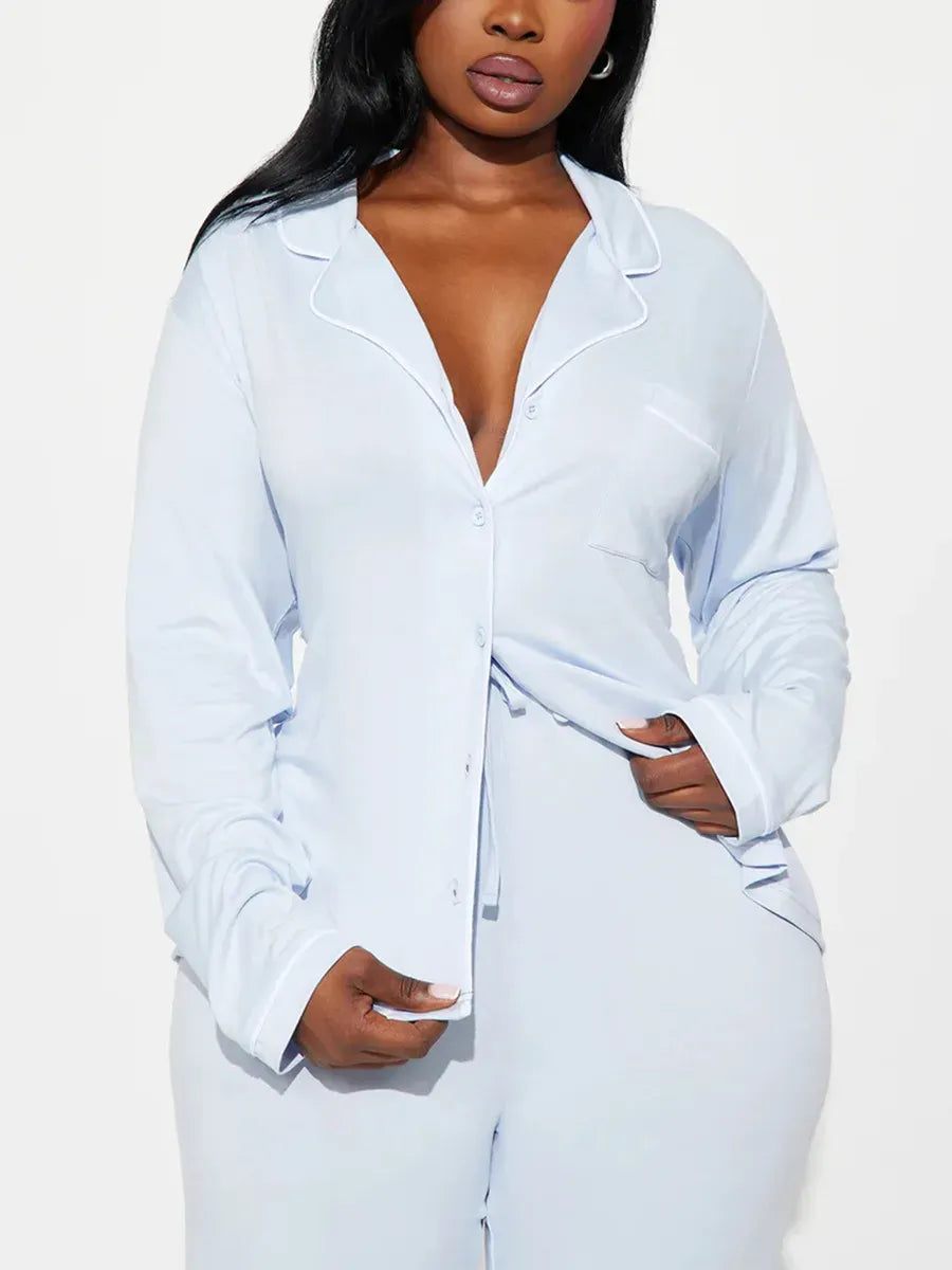 solid Women Pajama Sets Long Sleeves Front Button Top with chest pocket & Full-Length Pants 2 Piece Female Sleepwear Nightwear