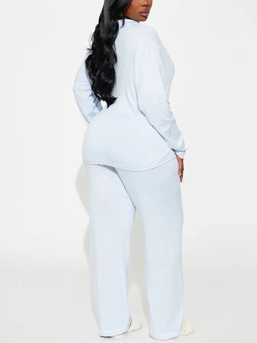 solid Women Pajama Sets Long Sleeves Front Button Top with chest pocket & Full-Length Pants 2 Piece Female Sleepwear Nightwear