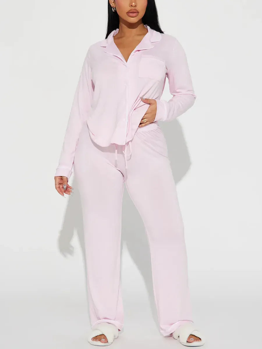 solid Women Pajama Sets Long Sleeves Front Button Top with chest pocket & Full-Length Pants 2 Piece Female Sleepwear Nightwear