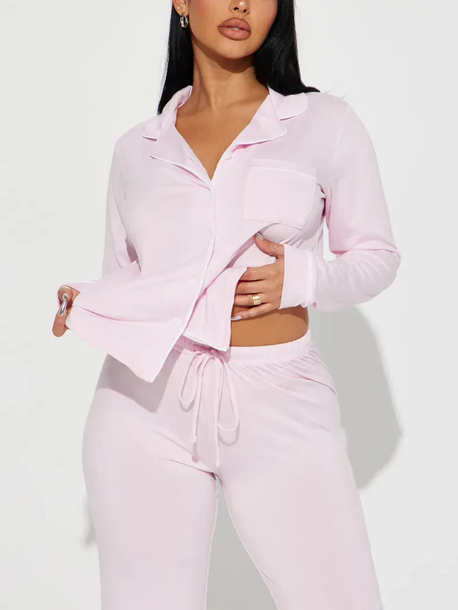 solid Women Pajama Sets Long Sleeves Front Button Top with chest pocket & Full-Length Pants 2 Piece Female Sleepwear Nightwear