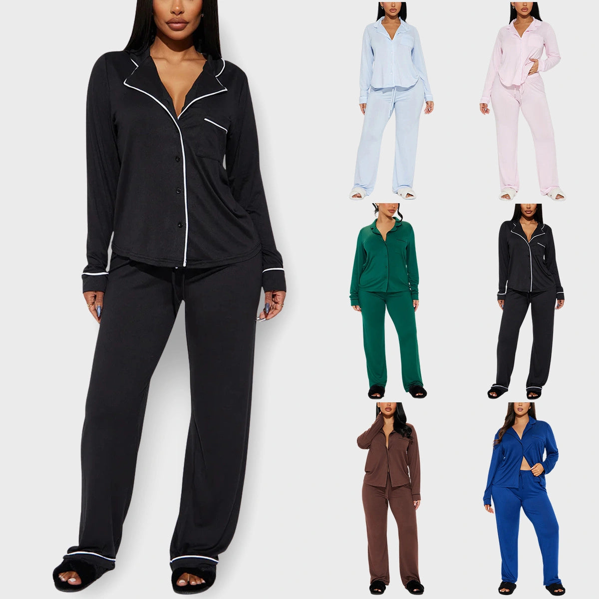 solid Women Pajama Sets Long Sleeves Front Button Top with chest pocket & Full-Length Pants 2 Piece Female Sleepwear Nightwear