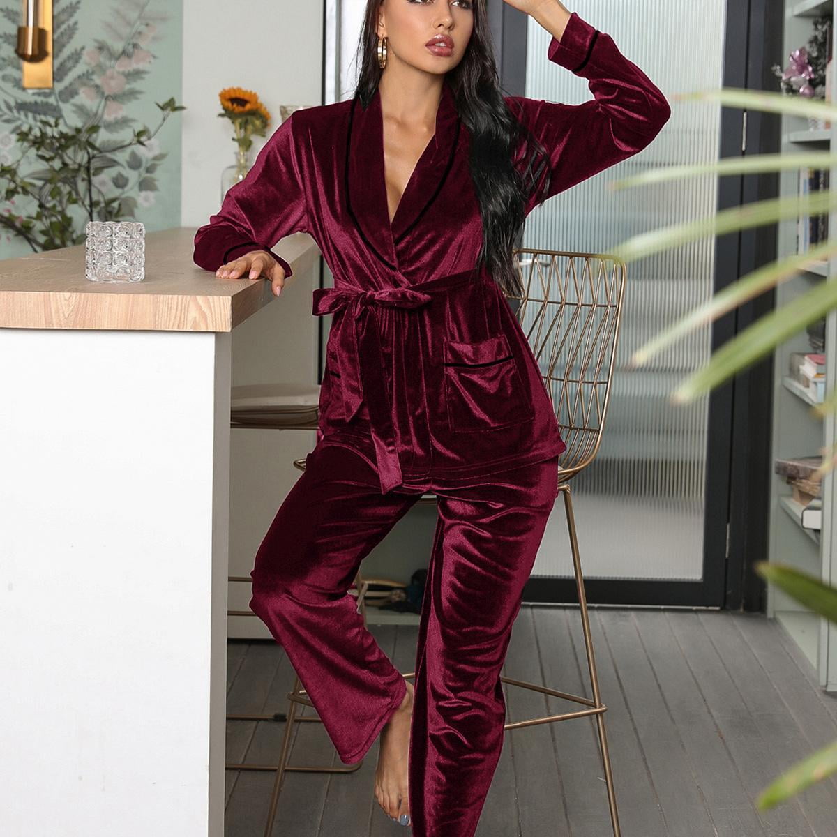 ebukurty Women's Pajama Set 2-piece Red Long Sleeves Belted Robe V Neck Soft Sleepwear