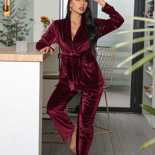 ebukurty Women's Pajama Set 2-piece Red Long Sleeves Belted Robe V Neck Soft Sleepwear
