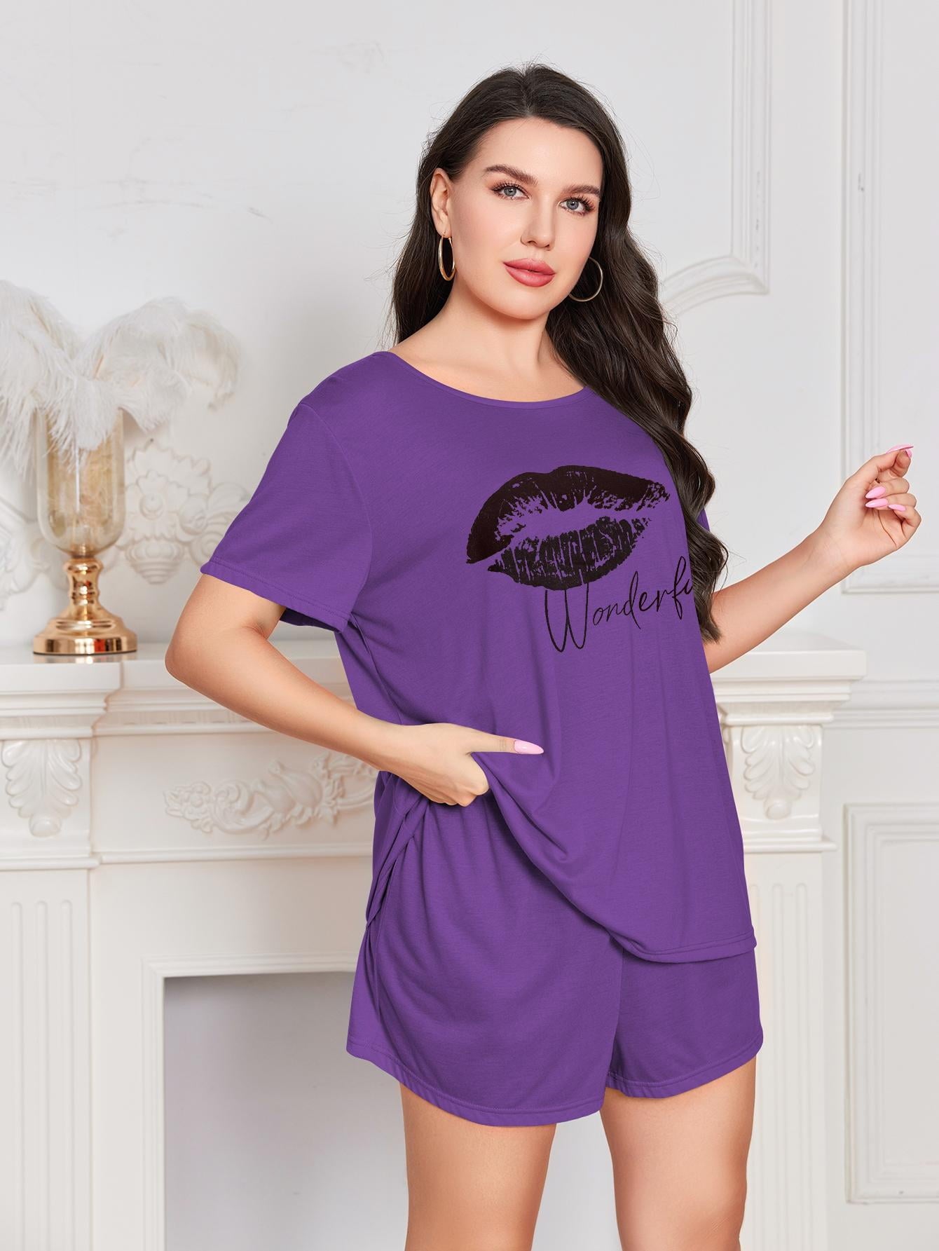 ebukurty Plus Size Pajama Set 2 Piece Short Sleeve Top and Shorts Soft Loungewear, Sizes 1XL-5XL