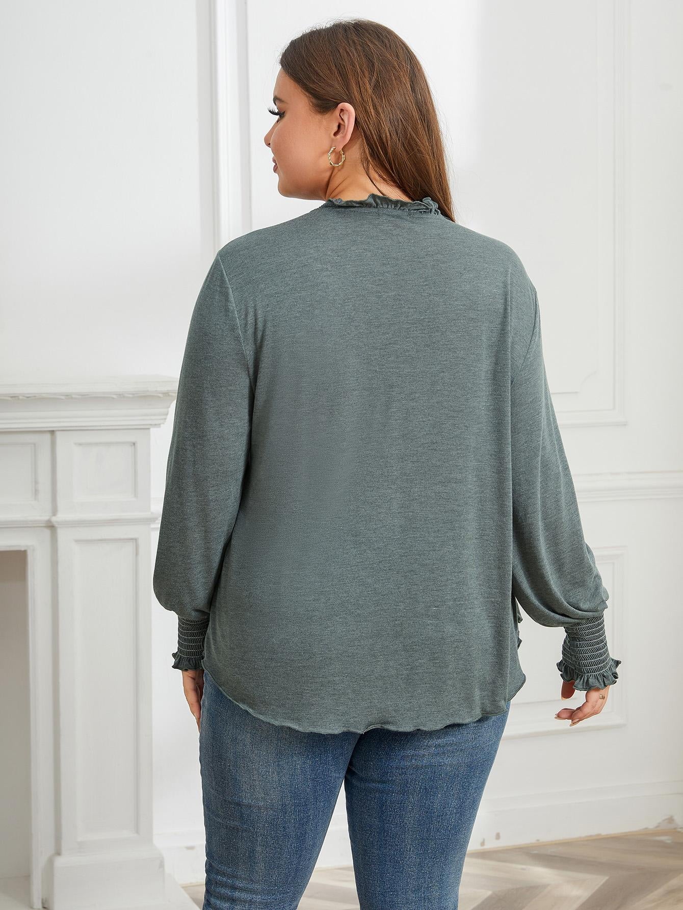 ebukurty Plus Size Green Long Sleeve Top for Women V-Neck Soft Oversize T-shirts 1XL/3XL-4XL
