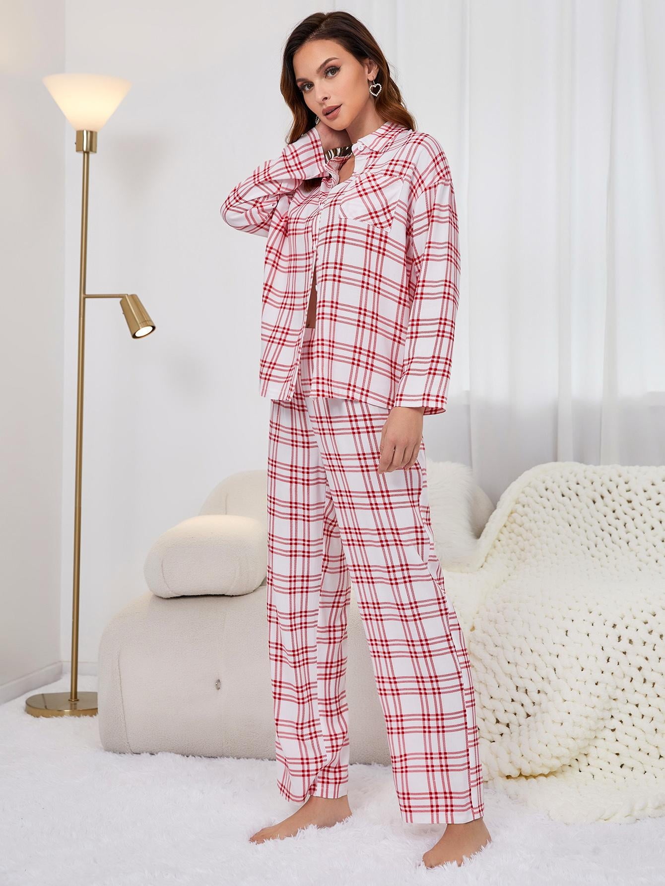ebukurty Pajama Sets for Women 2 Piece V-neck Long Sleeve Plaid Sleepwear, Sizes S-XL