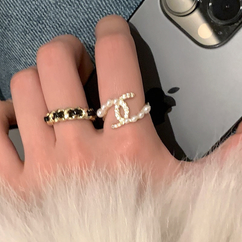 Golden Pearl Ring for Women Double C Ring