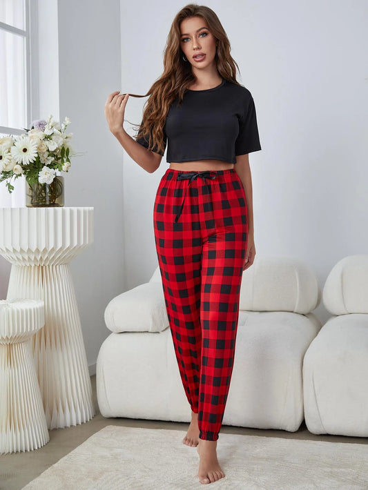 Crop Tops Women's Pajamas Sets Outfits High Waist Plaid Long Pants Sexy Casual Home Suit Female Elastic Sleepwear 2 Pieces Black, XL