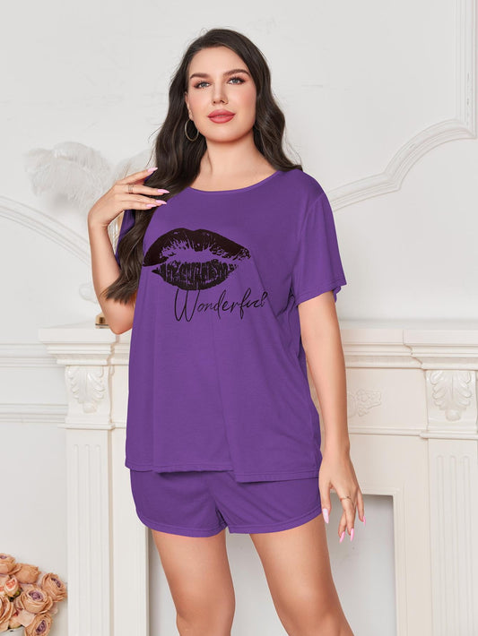 ebukurty Plus Size Pajama Set 2 Piece Short Sleeve Top and Shorts Soft Loungewear, Sizes 1XL-5XL