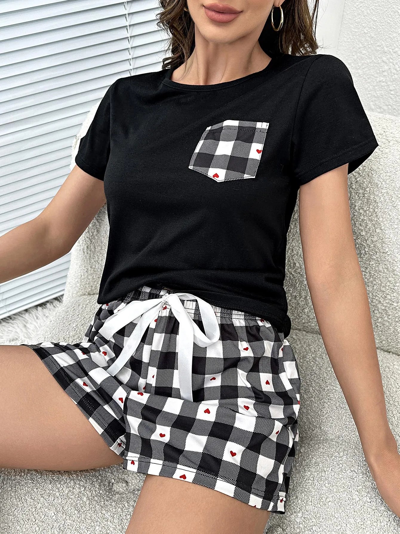 Summer Women's Pajamas Set Screw Neck Tee & Shorts Sleepwear 2 Pieces Heart Print Nightwear Elastic Drawstring Homewear Cloth
