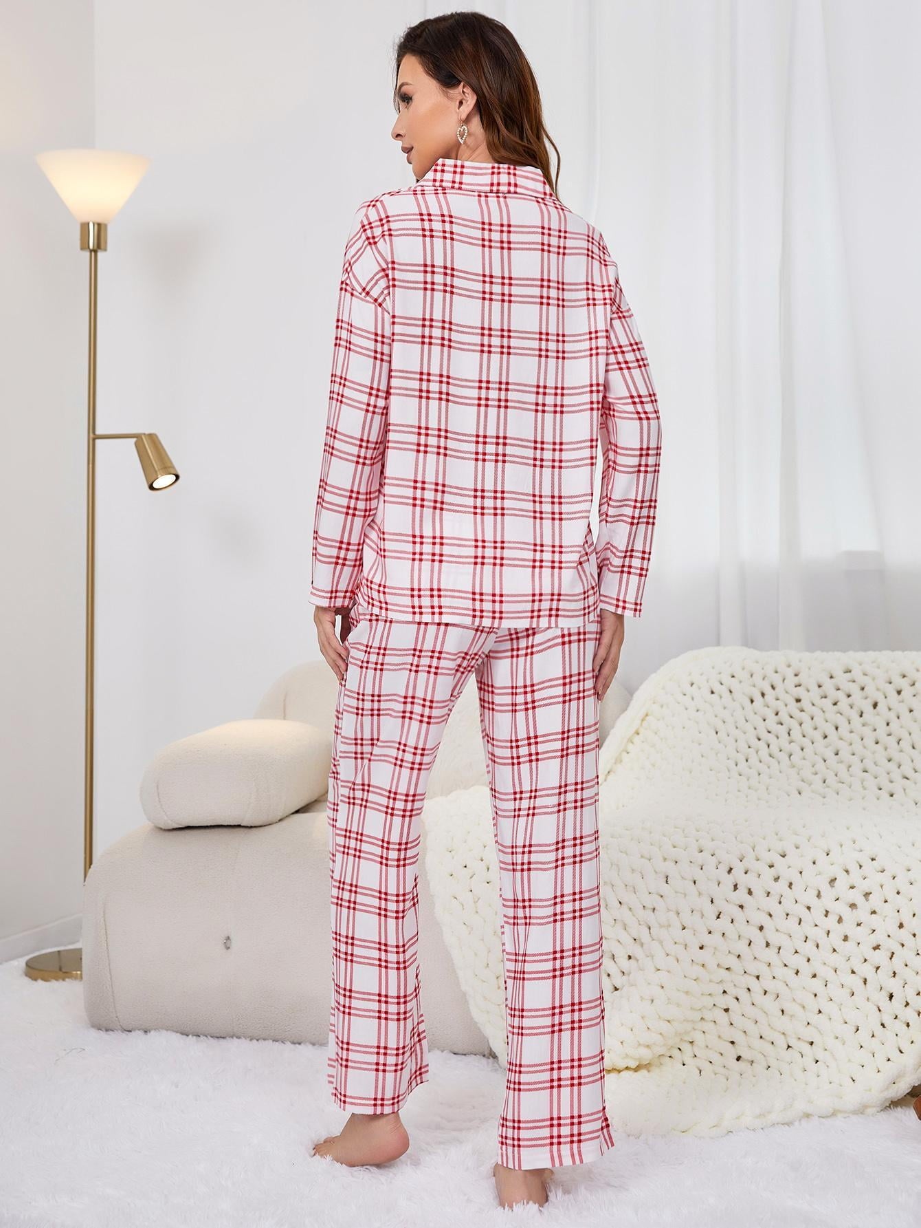 ebukurty Pajama Sets for Women 2 Piece V-neck Long Sleeve Plaid Sleepwear, Sizes S-XL
