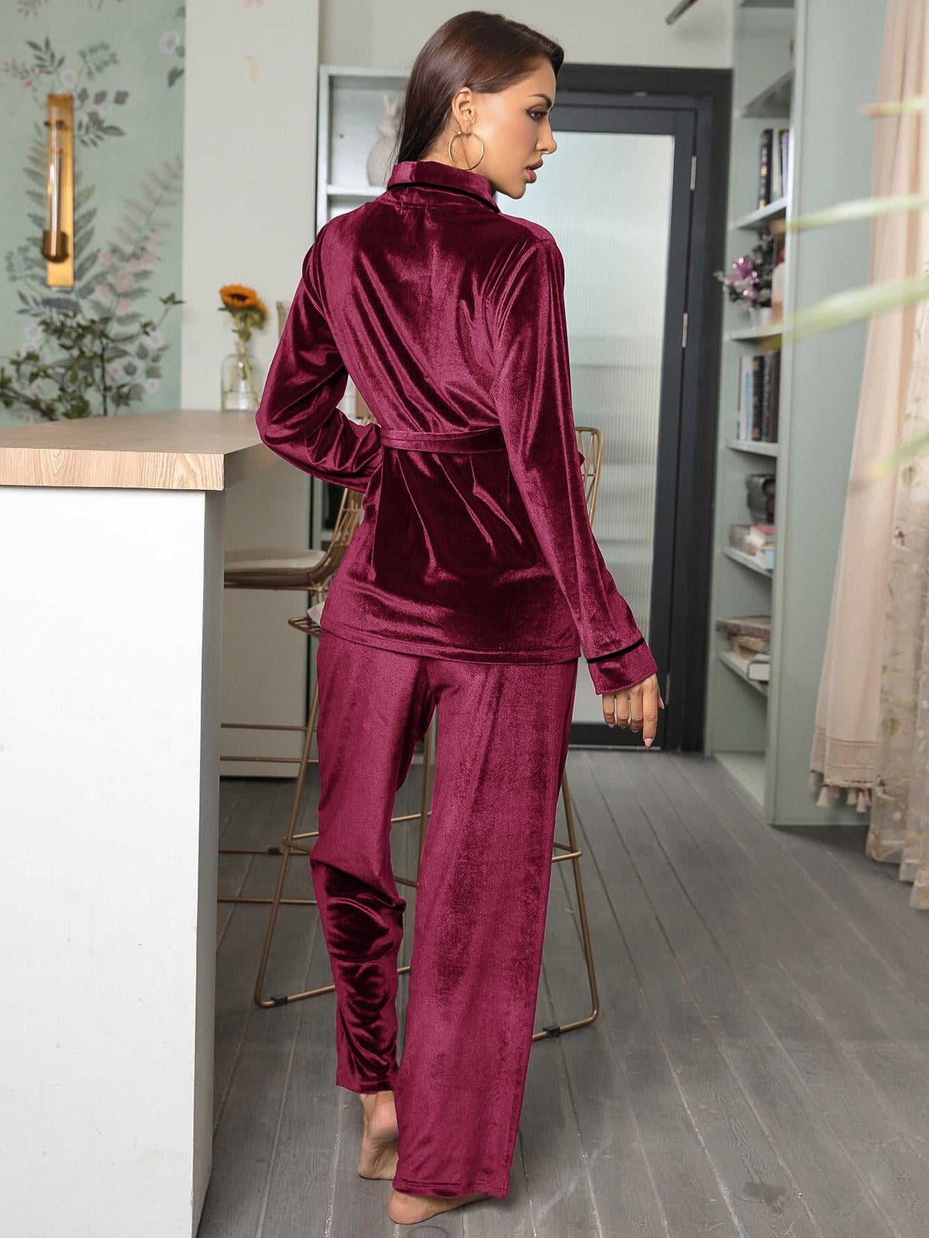 ebukurty Women's Pajama Set 2-piece Red Long Sleeves Belted Robe V Neck Soft Sleepwear